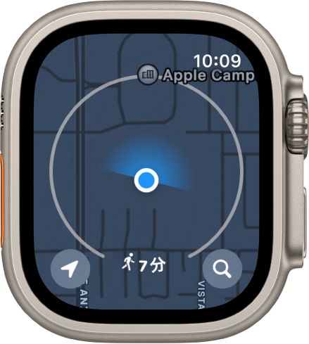 マップアプリ。7分の徒歩範囲が表示されています。