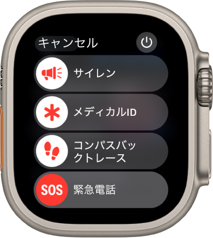 「サイレン」、「メディカルID」、「コンパスバックトレース」、「緊急電話」の4つのスライダが表示されているApple Watchの画面。右上に電源ボタンがあります。