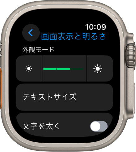 Apple Watchの「画面表示と明るさ」設定。上部に「明るさ」スライダ、下部に「テキストサイズ」ボタンがあります。