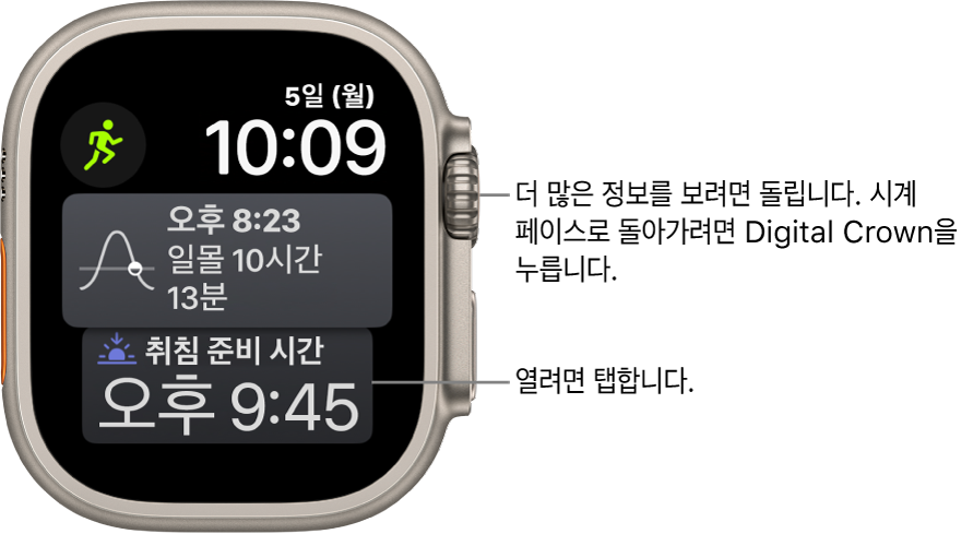 오른쪽 상단에 날짜와 시간이 표시된 Siri 시계 페이스. 왼쪽 상단에 문페이즈 컴플리케이션이 있음. 그 아래에 일출/일몰 컴플리케이션이 있음. 하단에 수면 컴플리케이션이 있음.
