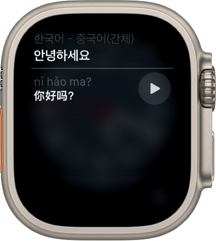 Siri 화면에 “‘잘 지내?’를 중국어로 어떻게 말해?”의 북경어 번역이 표시됨.