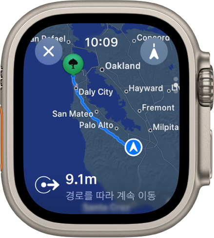 전체 운전 경로가 표시된 지도 앱. 하단에 여정의 첫 구간이 표시됨.