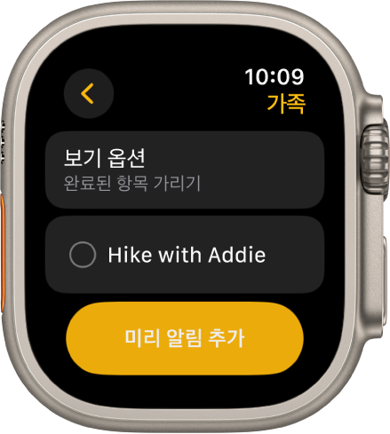 미리 알림 앱에 미리 알림이 표시됨. 상단에 보기 옵션 버튼이 있고, 그 아래에는 미리 알림이 있음. 하단에 미리 알림 추가 버튼이 있음.