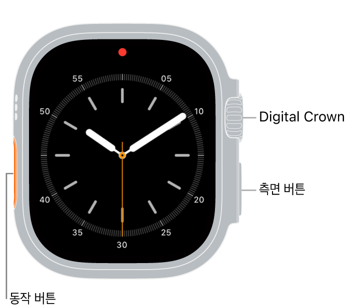 시계 페이스를 보여 주는 디스플레이와 시계 측면에 Digital Crown, 마이크 및 측면 버튼이 위에서부터 아래로 보이는 Apple Watch Ultra의 전면.