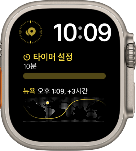 오른쪽 상단 근처에 디지털 시계를 표시하고, 3개의 컴플리케이션이 있는 모듈 듀오 시계 페이스. 왼쪽 상단에는 나침반 경유지, 중앙에는 타이머, 하단에는 월드 타임이 있음.