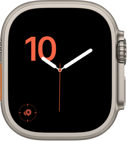 시간이 빨간색으로 표시되고 왼쪽 하단에 나침반 경유지 컴플리케이션을 보여주는 숫자 시계 페이스.