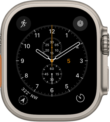 Laikrodžio ciferblatas „Chronograph“: galite koreguoti ciferblato spalvą ir išsamią informaciją. Rodomi keturi valdikliai „Workout“ valdiklis pateiktas viršuje kairėje, „Stopwatch“ valdiklis pateiktas viršuje dešinėje, „Compass“ valdiklis pateiktas apačioje kairėje, o „Music“ valdiklis – apačioje dešinėje.