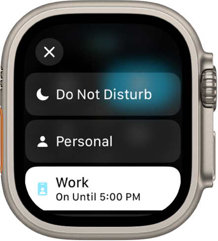 Sąraše „Focus“ rodoma „Do Not Disturb“, „Personal“ ir„Work“. Aktyvi funkcija „Work Focus“.