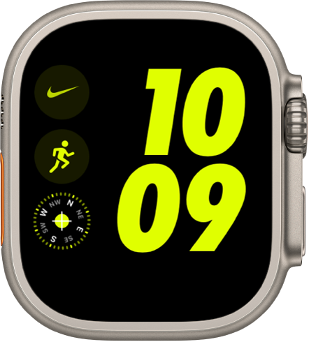 Laikrodžio ciferblatas „Nike Digital“. Laikas rodomas dideliais skaitmenimis dešinėje. Kairėje pusėje: programos „Nike“ valdiklis yra viršuje kairėje, „Workout“ valdiklis yra viduryje, o „Compass“ valdiklis – žemiau.