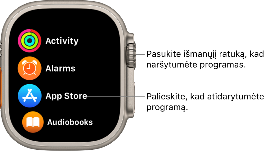 „Apple Watch“ pagrindinio ekrano tinklelio rodinys; programos pateikiamos sąraše. Norėdami programą atidaryti ją palieskite. Slinkite, kad pamatytumėte daugiau programų.