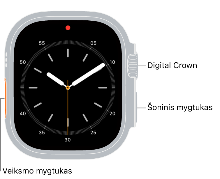„Apple Watch Ultra“ priekis, ekrane rodomas ciferblatas, taip pat matyti „Digital Crown“, mikrofonas ir laikrodžio šone nuo viršaus iki apačios išdėstytas šoninis mygtukas.