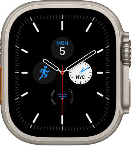 Laikrodžio ciferblatas „Meridian“: galite koreguoti ciferblato spalvą ir išsamią informaciją. Rodomi keturi valdikliai analoginio laikrodžio ciferblato viduje: „Date“ viršuje, „World Clock“ dešinėje, „Depth“ apačioje, o „Workout“ kairėje.