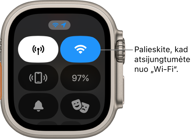 „Control Center“, rodomas „Apple Watch Ultra“, „Wi-Fi“ mygtukas pateiktas viršuje dešinėje. Paaiškinimas nurodo: „Tap to disconnect from Wi-Fi.“