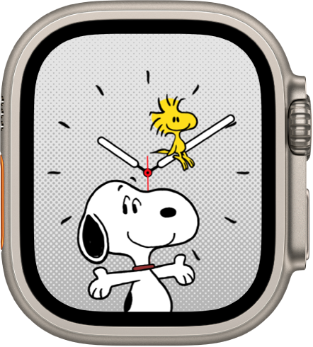 Laikrodžio ciferblatas „Snoopy“ su „Snoopy“ ir „Woodstock“. „Snoopy“ šypsosi ir pozuoja „ta-da“. „Woodstock“ sėdi patenkintas ant minučių rodyklės.