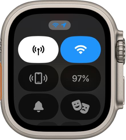Ekrane „Control Center“ rodomi šeši mygtukai: „Cellular“, „Wi-Fi“, „Ping iPhone“, „Battery“, „Silent Mode“ ir „Theater Mode“. Pažymėti mygtukai „Wi-Fi“ ir „Cellular“.