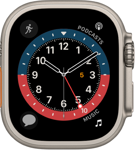 Laikrodžio ciferblatas „GMT“: galite keisti ciferblato spalvą. Rodomi keturi valdikliai „Workout“ valdiklis pateiktas viršuje kairėje, „Messages“ valdiklis pateiktas viršuje dešinėje, „Timers“ valdiklis pateiktas apačioje kairėje, o „Music“ valdiklis – apačioje dešinėje.