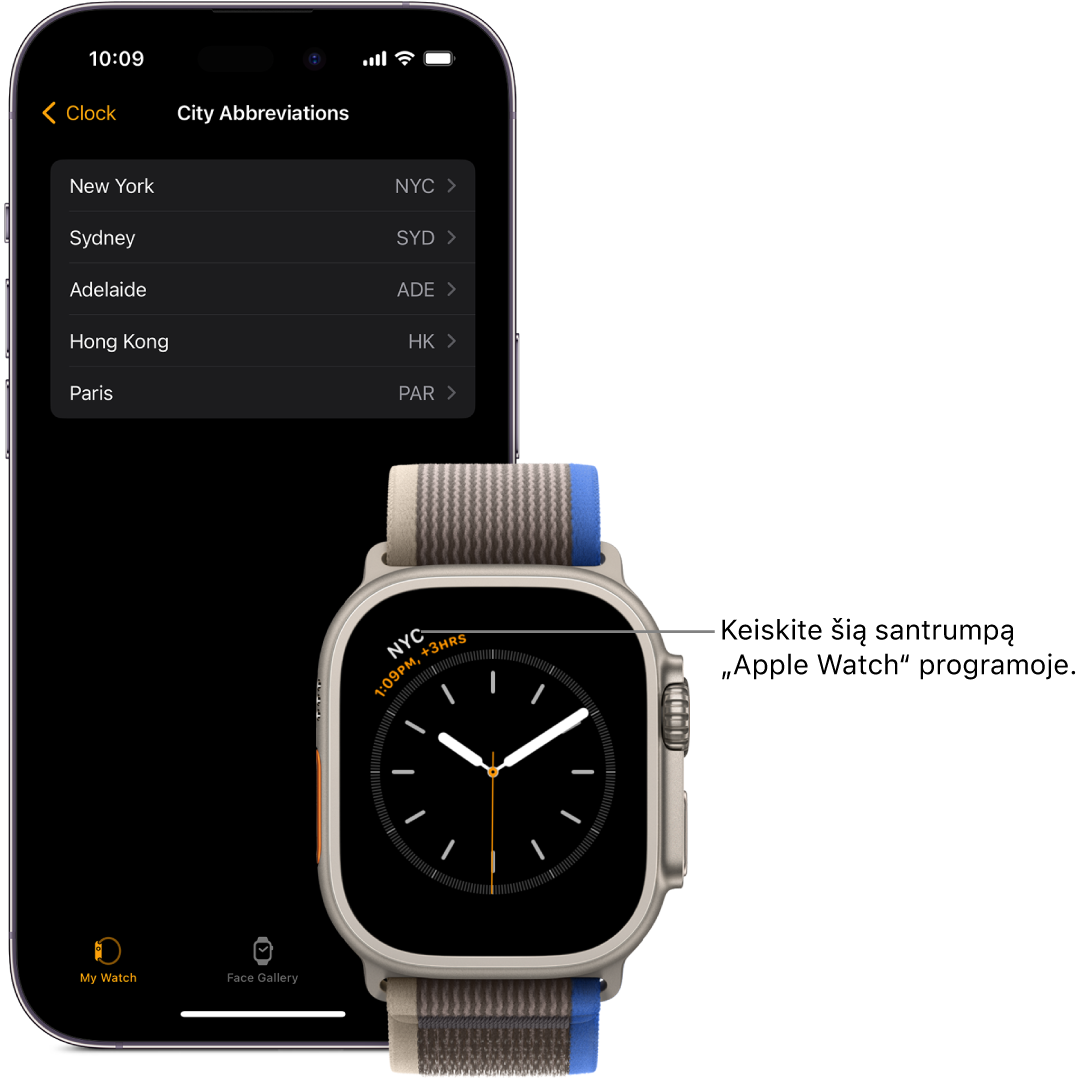 Vienas šalia kito padėti „iPhone“ ir „Apple Watch“. „Apple Watch“ ekrane rodomas laikas Niujorke (rodoma jo pavadinimo santrumpa – NYC). „iPhone“ ekrane rodomas miestų sąrašas (programos „Apple Watch“ funkcijos „Clock“ nustatymų rodinyje).