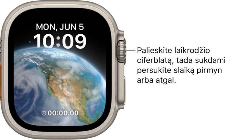Laikrodžio ciferblatas „Astronomy“, kuriame rodomi diena, data ir esamas laikas. Laikmačio valdiklis pateiktas apačioje. Palieskite laikrodžio ciferblatą, tada pasukite „Digital Crown“, kad persuktumėte laiką pirmyn arba atgal.