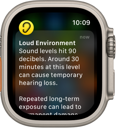 „Apple Watch“, kuriame rodomas programos „Noise“ pranešimas. Su pranešimu susieta programos piktograma rodoma viršuje kairėje. Galite ją paliesti, kad atidarytumėte programą.