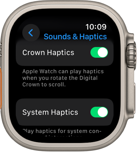 Ekranas „Crown Haptics“, kuriame rodomas įjungtas „Crown Haptics“ jungiklis. Žemiau pateiktas perjungiklis „System Haptics“.