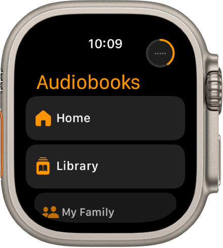 Programoje „Audiobooks“ rodomi mygtukai „Home“, „Library“ ir „My Family“.