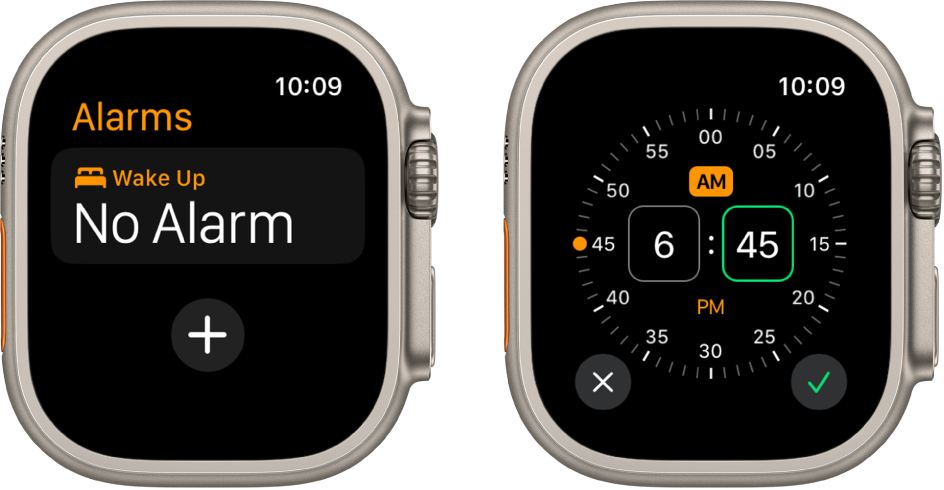 Du laikrodžio ekranai, kuriuose rodomas žadintuvo įtraukimo procesas: palieskite „Add Alarm“, palieskite AM arba PM, pasukite „Digital Crown“, kad koreguotumėte laiką, tada palieskite varnelės mygtuką.