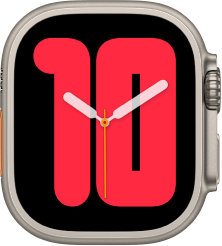Laikrodžio ciferblatas „Numerals Mono“, kuriame virš didelio skaičiaus rodomos analoginės rodyklės ir valanda.