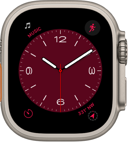 Laikrodžio ciferblatas „Metropolitan“, kurį naudojant galima sukti „Digital Crown“ ir keisti tipo išvaizdą. Jame rodomi keturi valdikliai: „Music“ viršuje kairėje, „Workout“ viršuje dešinėje, „Timer“ apačioje kairėje, o „Compass“ – apačioje dešinėje.
