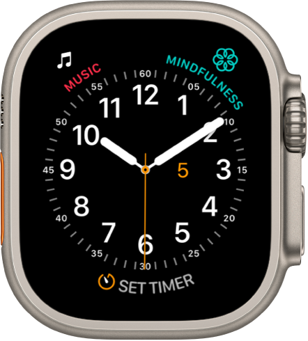 Laikrodžio ciferblatas „Utility“, kuriame galite koreguoti sekundžių rodyklės spalvą ir ciferblato skaitmenis bei vaizdo detalumą. Rodomi trys valdikliai Viršuje kairėje pateiktas „Music“ valdiklis, viršuje dešinėje pateiktas „Mindfulness“ valdiklis, o apačioje – „Timers“ valdiklis.