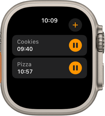 Du laikmačiai „Timers“ programoje. Netoli viršaus yra laikmatis „Cookies“. Žemiau yra laikmatis „Pizza“. Kiekvienas laikmatis rodo likusį laiką po laikmačio pavadinimu ir pristabdymo mygtuką dešinėje. Viršuje dešinėje pateiktas mygtukas „Add“.