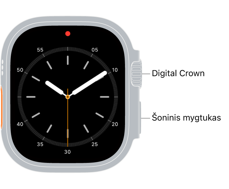 „Apple Watch Ultra“ priekis, viršuje, dešinėje laikrodžio pusėje rodoma „Digital Crown“, o apačioje dešinėje – šoninis mygtukas.