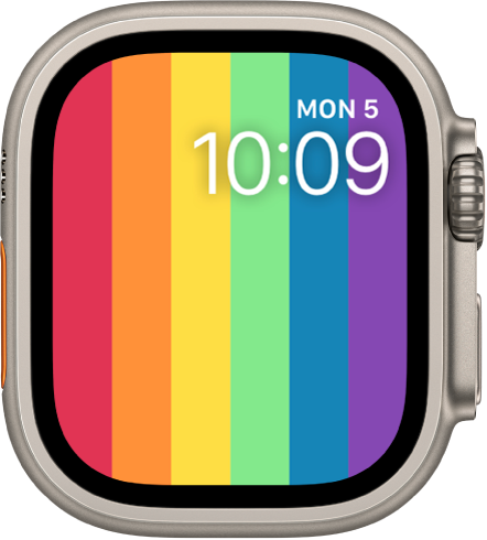 Laikrodžio ciferblatas „Pride Digital“, kuriame rodomos vertikalios vaivorykštės juostos; viršuje dešinėje pateikta data ir laikas.