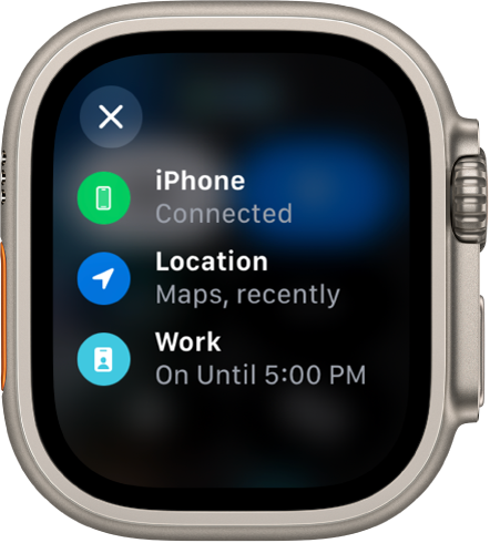 „Control Center“ būsena rodo, kad „iPhone“ prijungtas, vietą neseniai naudojo žemėlapiai, o „Work Focus“ įjungtas iki 17 val.