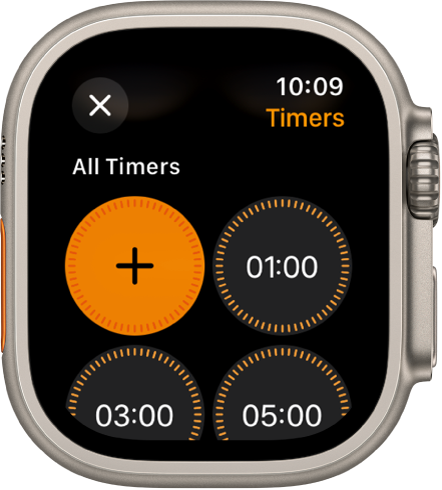 Lietotnes Timer ekrāns, kurā redzama pievienošanas poga, lai izveidotu jaunu taimeri, kā arī ātrās izvēles taimeri 1, 3 un 5 minūtēm.