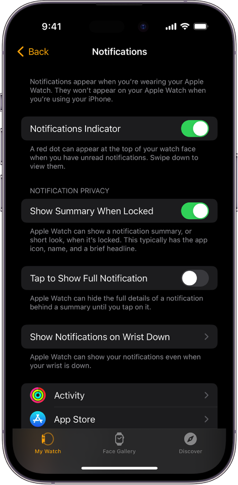 Ekrāns Notifications, kas ir atvērts iPhone lietotnē Apple Watch un attēlo paziņojumu avotus.