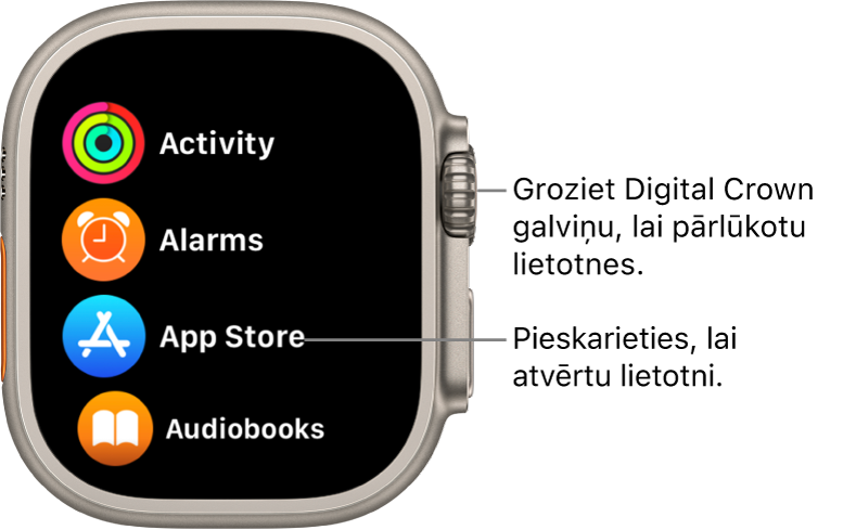 Apple Watch sākuma ekrāns saraksta skatā; lietotnes ir izkārtotas sarakstā. Lai atvērtu lietotni, pieskarieties tās ikonai. Ritiniet, lai redzētu vairāk lietotņu.