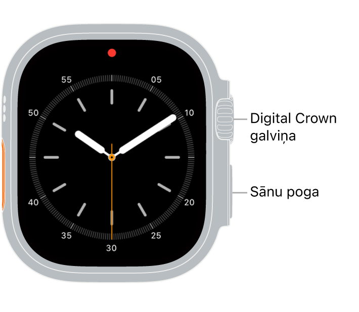 Apple Watch Ultra pulksteņa priekšpuse ar labās puses augšā redzamu Digital Crown galviņu un apakšā pa labi redzamu sānu pogu.