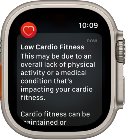 Heart Rate brīdinājums, kas norāda uz zemu kardio fitnesa līmeni.