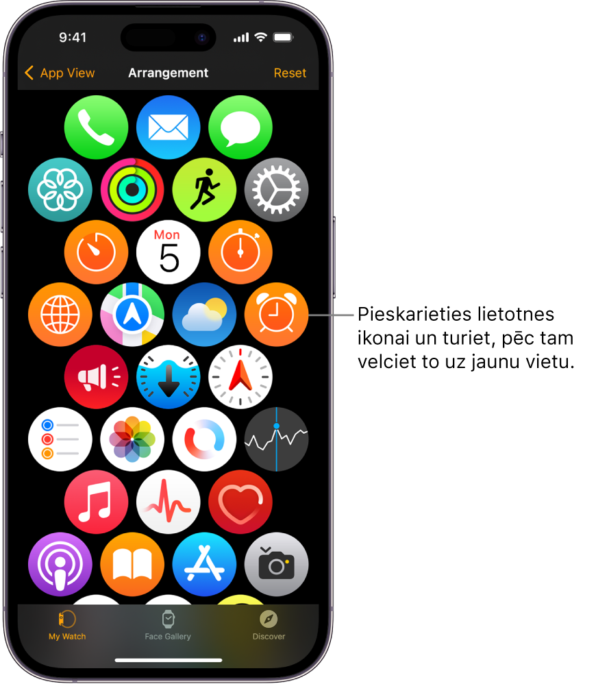 Lietotnes Apple Watch ekrāns Arrangement, kurā redzams ikonu režģis.