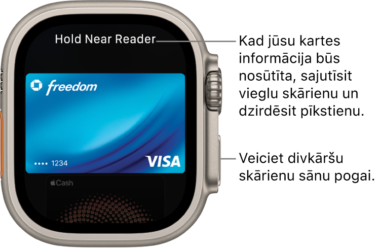 Apple Pay ekrāns ar uzrakstu “Hold Near Reader to Pay” augšdaļā; kad kartes informācija tiks nosūtīta, sajutīsit vieglu klikšķi uz plaukstas locītavas un dzirdēsit pīkstienu.