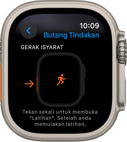 Skrin Butang Tindakan pada Apple Watch Ultra menunjukkan Latihan sebagai tindakan dan app yang ditetapkan. Menekan butang Tindakan sekali membuka app Latihan.