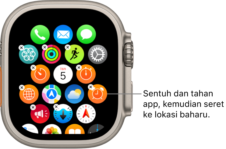 Skrin Utama Apple Watch dalam paparan grid.