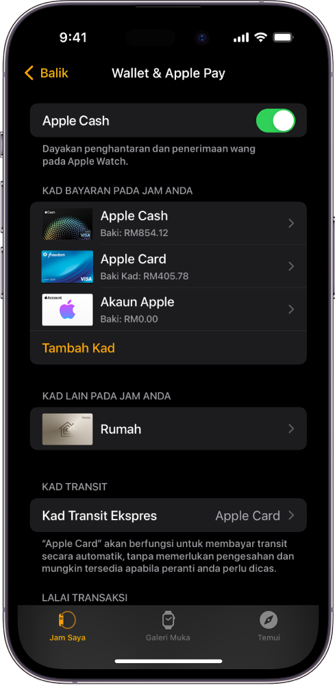 Skrin Wallet & Apple Pay dalam app Apple Watch pada iPhone. Skrin menunjukkan kad yang ditambah ke Apple Watch dan kad yang anda pilih untuk digunakan untuk transit ekspres.