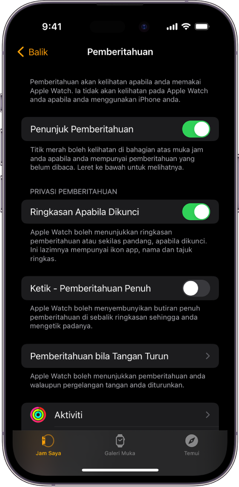 Skrin Pemberitahuan dalam app Apple Watch pada iPhone, menunjukkan sumber pemberitahuan.