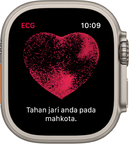 App ECG menunjukkan imej jantung dengan perkataan “Tahan jari anda pada crown”.
