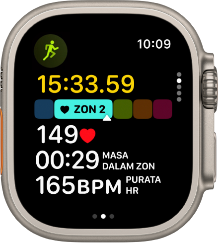 Latihan berlari yang sedang berjalan menunjukkan masa berlalu latihan, zon yang anda sedang berada, kadar jantung, masa dalam zon dan purata kadar jantung.