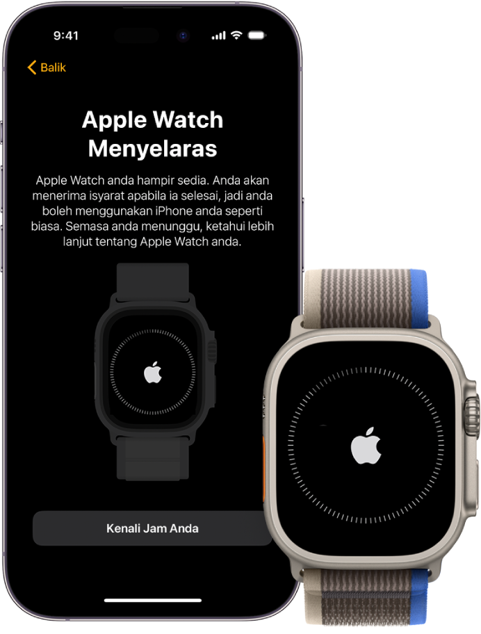 iPhone dan Apple Watch menunjukkan skrin penyelarasannya.