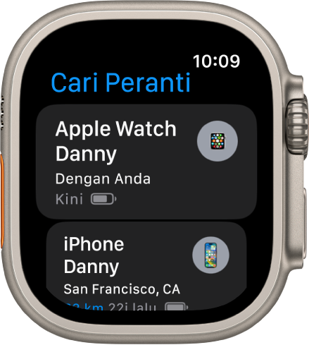 App Cari Peranti menunjukkan dua peranti—Apple Watch dan iPhone.