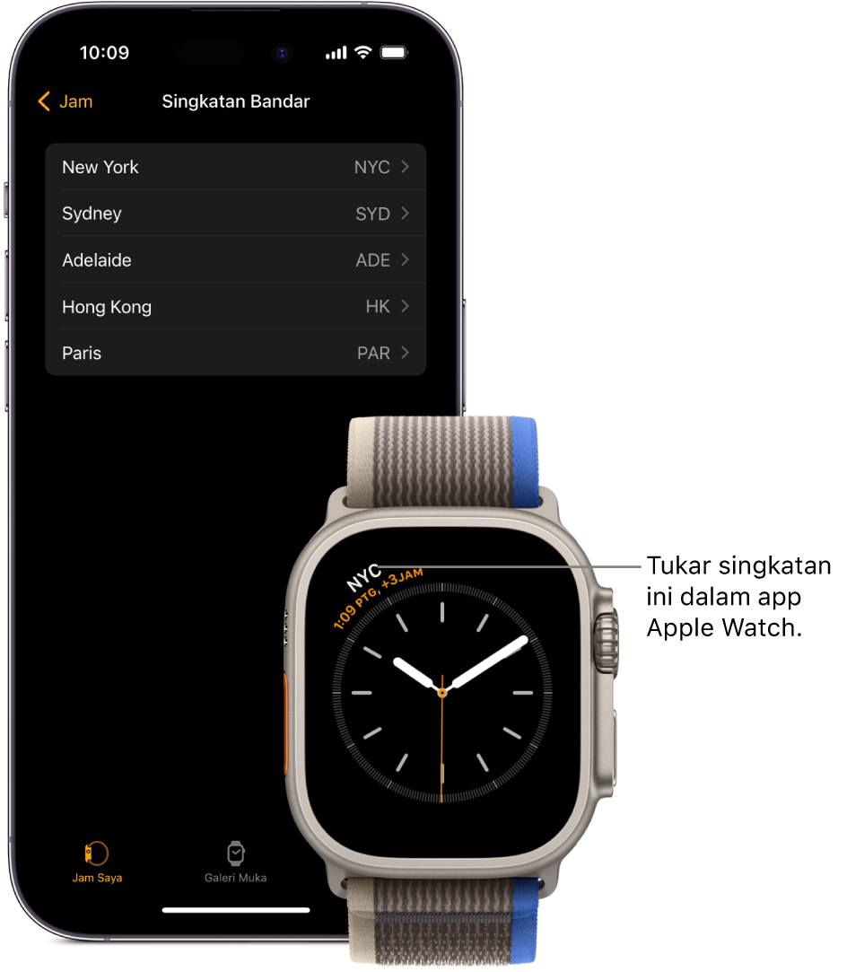 iPhone dan Apple Watch, bersebelahan. Skrin Apple Watch menunjukkan waktu di Kuala Lumpur, menggunakan singkatan KUL. Skrin iPhone menunjukkan senarai bandar dalam seting Jam dalam app Apple Watch.