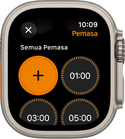 Skrin app Pemasa, menunjukkan butang tambah untuk mencipta pemasa baharu dan pemasa cepat untuk 1, 3 atau 5 minit.